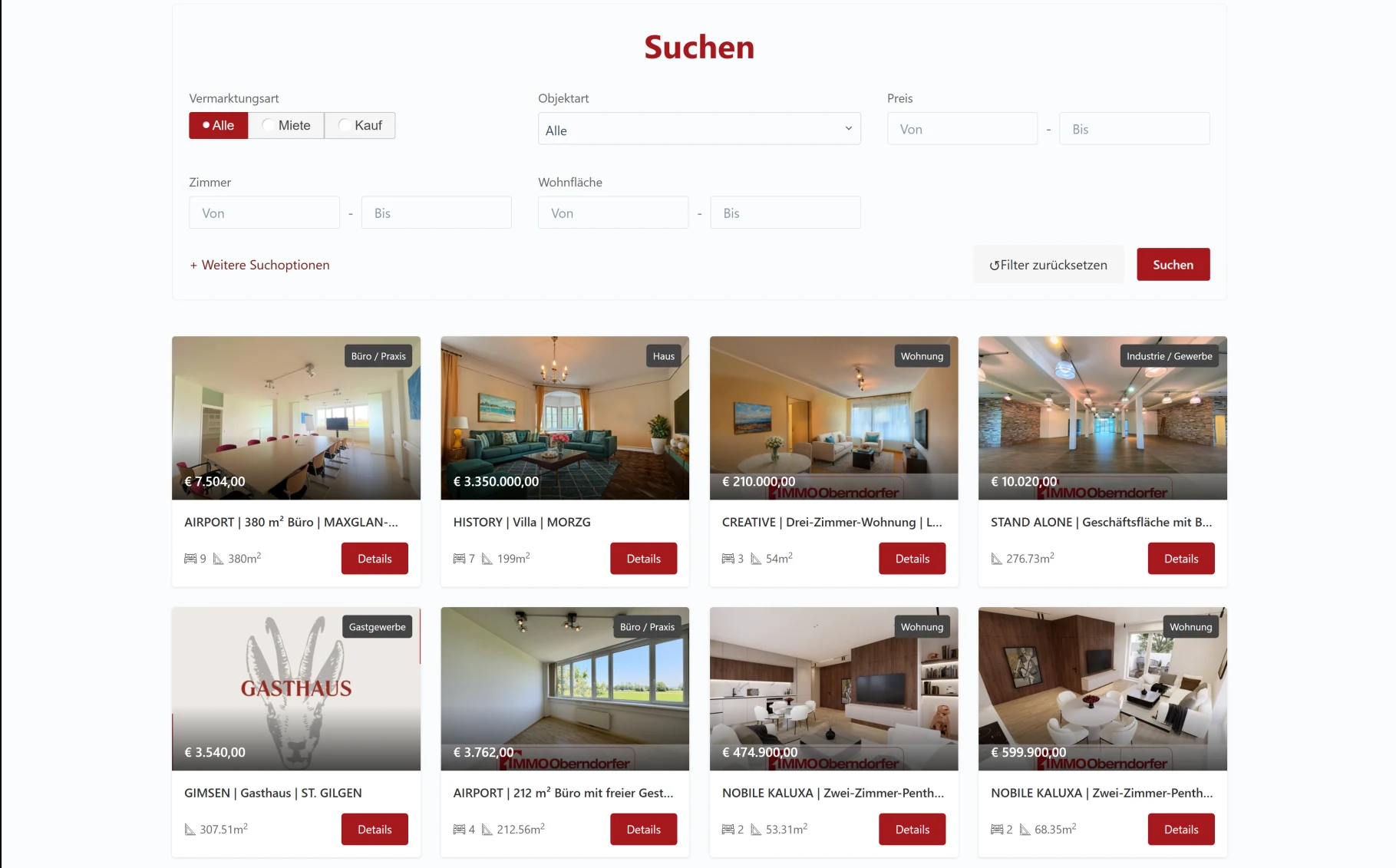 Justimmo property listings archive page showing a search filter with marketing type, property type, price range, rooms, and floor area fields, followed by a four-column grid of active property listings with photos, price, title, room count, and floor area