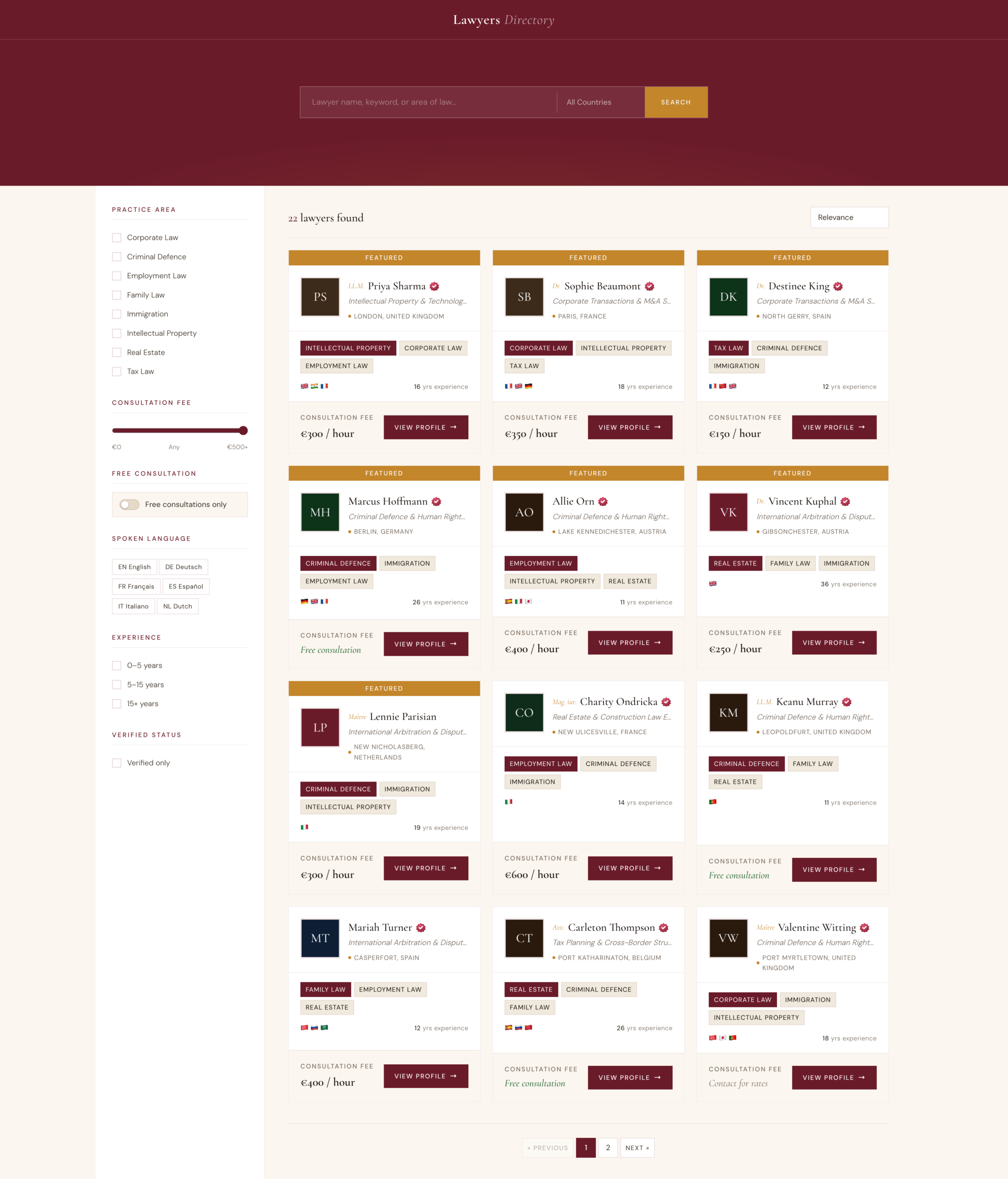 Lawyer directory search page showing 22 results in a three-column card grid, with sidebar filters for practice area, consultation fee, free consultation toggle, spoken language, experience range, and verified status