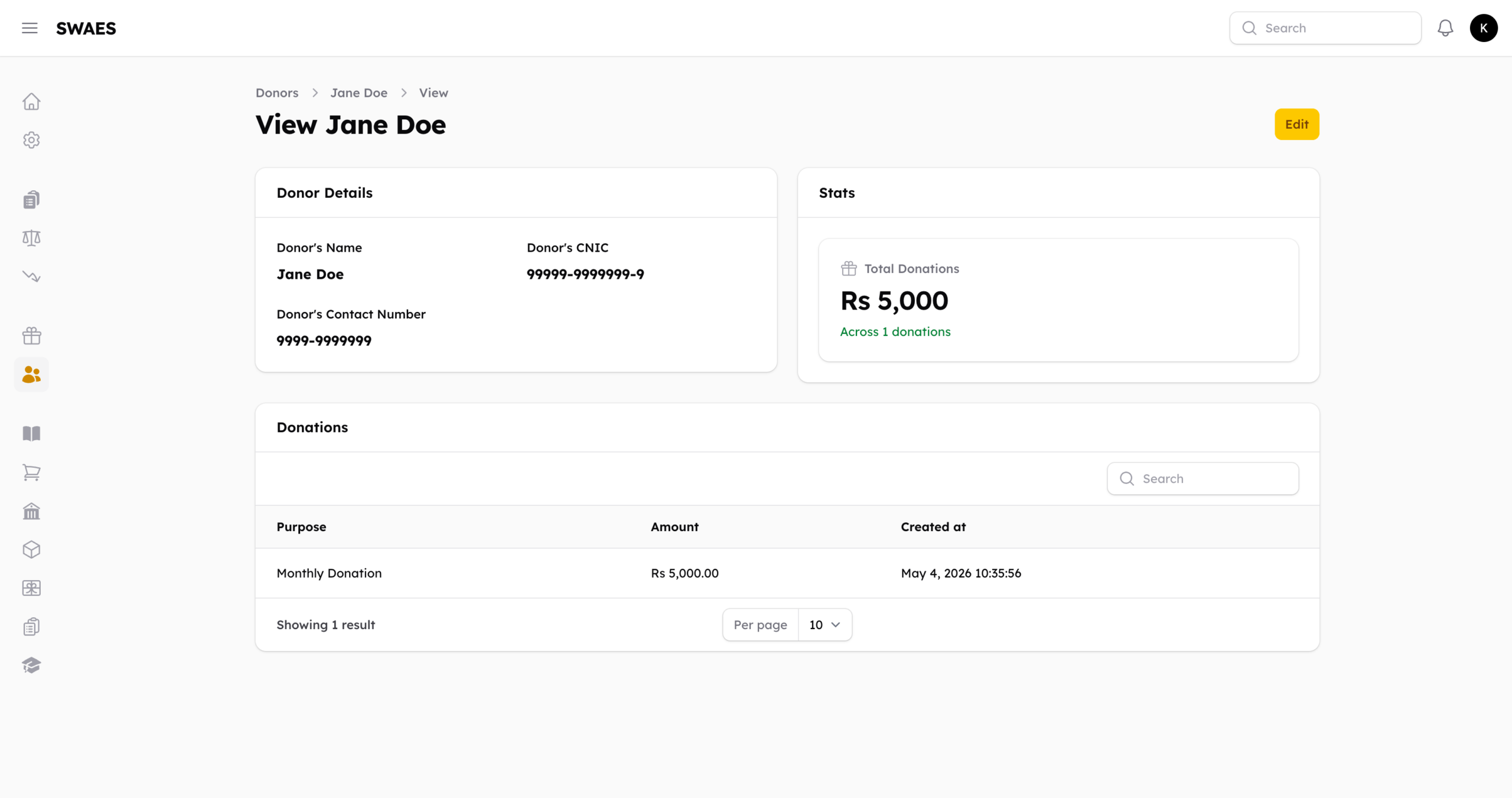SWAES donor profile page for Jane Doe showing donor details including CNIC and contact number, a total donations stat of Rs 5,000 across one donation, and a full donation history table